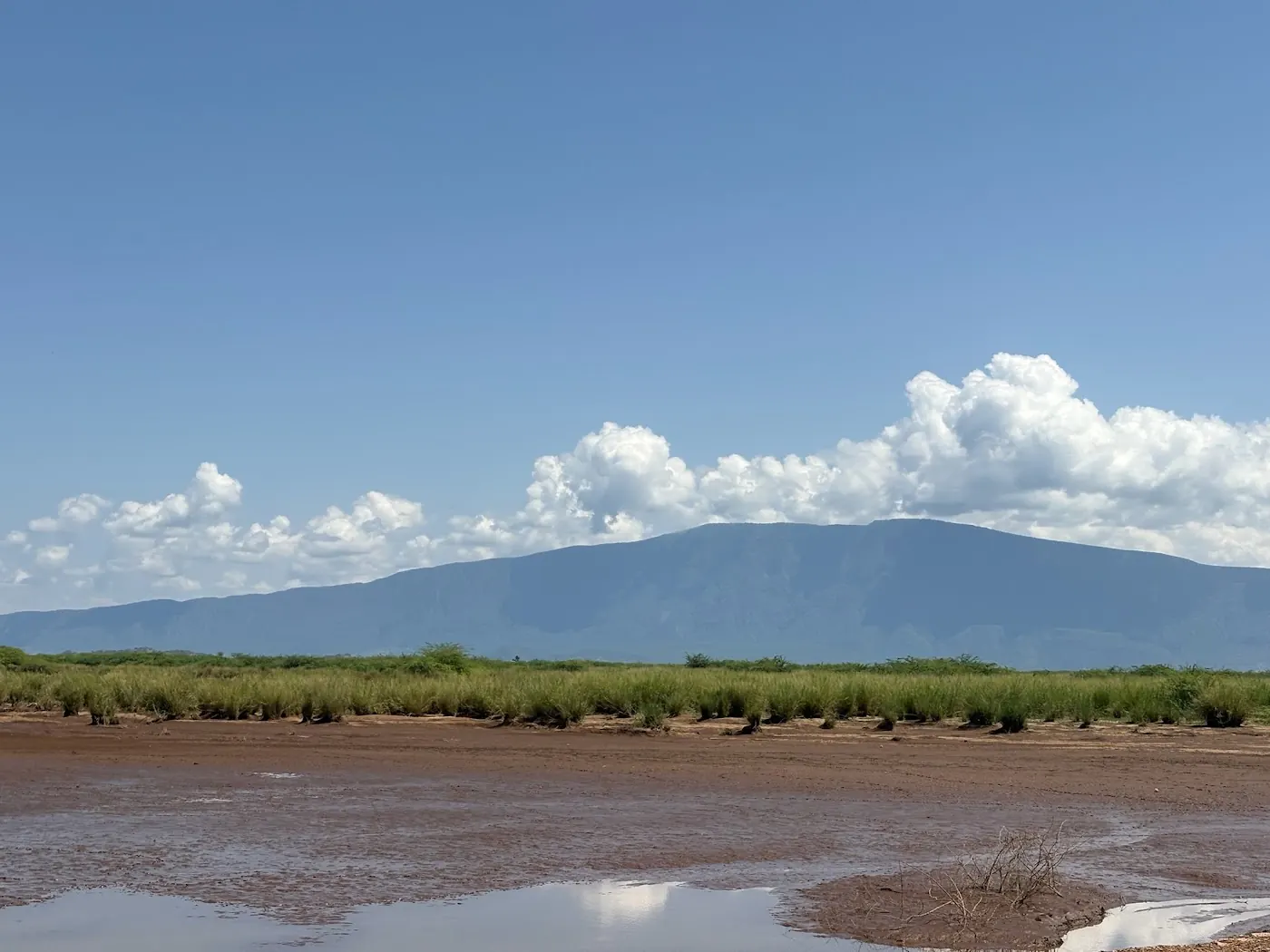 Shallow pools on dried mud flats below a hazy mountain